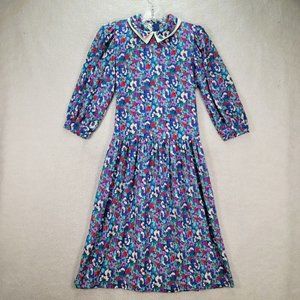 Vintage John Richard Blue Floral Collared Pleated Drop Waist Tie Classic Dress